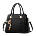 Black litchi pattern PU leather tote bag with woven design and tassel charm - Handbag and Shoulder Bag / Black