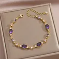 Vergoldetes Blatt-Armband mit lila Zirkon und verstellbarem Karabinerverschluss - Lila Edelstein-Armband-Stil (DQ-W-3350)