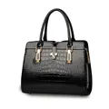 Elegante borsa a mano nera a motivo coccodrillo con vernice lucida e chiusura dorata - Nero