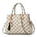 Cremeweiße PU-Lederhandtasche mit schwarzem Blumendruck und Katzenanhänger-Detail - Cremeweiß Mit Cremeweiß-Druck