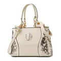 Cremeweiße Lackleder-Handtasche mit floraler Paillettenstickerei und goldenem Metall-Logo - Gebrochenes Weiß