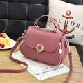 Dusty rose leather handbag with lychee texture and round golden buckle detail - Round Lock Style / Dusty Pink
