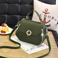 Dark green lychee pattern PU leather crossbody bag with golden ring buckle for women - Round Lock Style / Green