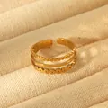 Macro detail of triple-layered 18k gold plated stainless steel ring with beaded texture - Three Layer Stacked Hollow Style