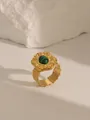 Detailed view of an 18K gold plated ring featuring a green turquoise and retro engraving - Style 2 Turquoise (W691)