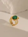 Detailed view of an 18K gold-plated ring with a round green turquoise stone inlay - Style 4 Turquoise (W690)