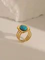 Detail of 18K gold plated stainless steel ring with turquoise inlay and triple-layer band - Style 3 Turquoise Blue (W690)