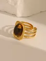 Macro shot of 18K gold plated geometric ring with oval turquoise stone inlay - Style 2 Tiger Eye (W690)