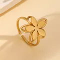 Detailed close-up of 18k gold plated stainless steel floral ring with open band design - Double Layer Overlapping Flower Style
