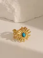 Macro detail of 18K gold plated sun-shaped ring featuring a blue turquoise stone inlay - Style 3 Turquoise Blue (W732)