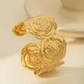 Detail of golden camellia flower cuff bracelet showing textured petals and petals craft - Overlapping Camellia Style (W1832-2)