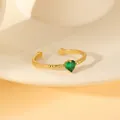 Adjustable gold plated hammered ring featuring a heart shaped green zircon gemstone - Green Heart Gemstone Hammered Open Ring (W1490-1)