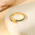 Detail of adjustable gold-plated ring with inlaid red and green zircon gemstones - Red And Green Double Row Zirconia Open Ring (W1492-2)