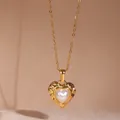 Elegant 18k gold plated stainless steel heart pendant necklace with pearl and lava texture - Lava Pleated Heart Artificial Pearl Style (Style D)