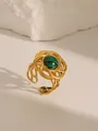 18k gold plated stainless steel open ring featuring a round green malachite inlay - Adjustable Open / Openwork Intertwined Style (W707) / Turquoise