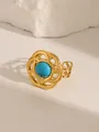 18k gold plated stainless steel open ring featuring a round blue turquoise inlay - Adjustable Open / Openwork Intertwined Style (W707) / Turquoise Blue