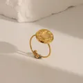 Vintage 18k gold plated stainless steel ring with round pink stone and hammered texture - Adjustable Open / Hammered Double Bead Style (W708) / Rose Quartz Color