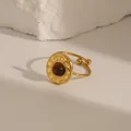 Adjustable 18k gold plated stainless steel ring with a vintage brown cabochon stone - Adjustable Open / Hammered Double Bead Style (W708) / Tiger Eye