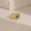 Retro 18k gold plated open ring featuring a circular turquoise stone inlay - Adjustable Open / Hammered Double Bead Style (W708) / Turquoise Blue