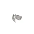 Detailed close-up of a silver leaf pattern ring in adjustable stainless steel design - Leaf