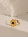 18k gold-plated stainless steel ring featuring a sunburst sun relief and brown gemstone - Adjustable Open / Sunburst Disc Bead Style (W709) / Tiger Eye