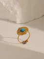 18k gold plated stainless steel ring with turquoise center and sunburst pattern - Adjustable Open / Sunburst Disc Bead Style (W709) / Turquoise Blue