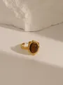 Retro 18k gold plated stainless steel open ring featuring a tiger eye stone center - Adjustable Open / Beaded Oval Style (W710) / Tiger Eye