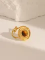 Vintage 18k gold plated open ring with oval tiger eye stone and granular texture finish - Adjustable Open / Medal Bead Style (W711) / Tiger Eye