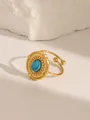 Vintage 18k gold plated stainless steel open ring with turquoise stone centerpiece - Adjustable Open / Medal Bead Style (W711) / Turquoise Blue