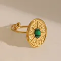 18k gold plated stainless steel open ring featuring a green malachite stone inlay - Adjustable Open / Hammered Sunburst Oval Style (W714) / Turquoise