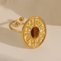 18k gold plated open ring featuring a vintage sunburst design and tiger eye stone - Adjustable Open / Hammered Sunburst Oval Style (W714) / Tiger Eye