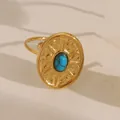 Vintage 18k gold plated open ring with turquoise stone and sunray engraved detail - Adjustable Open / Hammered Sunburst Oval Style (W714) / Turquoise Blue