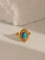 18k gold plated stainless steel open ring featuring a retro sunburst oval turquoise stone - Adjustable Open / Sunflower Sunburst Style (W718) / Turquoise Blue