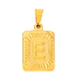Macro detail of gold plated square pendant featuring embossed letter E on a textured background - Letter E
