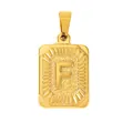 Detailed macro view of a gold-plated rectangular pendant featuring an embossed letter F - Letter F