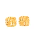 Macro detail of square 18k gold plated stud earrings with vintage woven texture - Square Woven Design / Gold