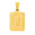 Detailed view of square gold plated stainless steel pendant with letter J relief - Letter J