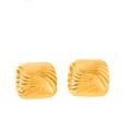 Detailed close-up of square 18k gold plated stud earrings with radial sunburst texture - Square Radial Texture Design / Gold