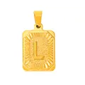 Macro detail of gold plated rectangle pendant with embossed letter L and textured finish - L