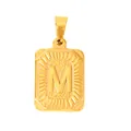 Detailed view of a gold-plated square pendant featuring an embossed letter M design - M