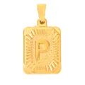 Detail of square gold pendant with embossed letter P and sunburst texture engraving - Letter P