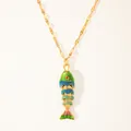 Detailed macro view of an 18k gold plated koi fish pendant with colorful enamel drip glaze - Rainbow Enamel Fish (7-DQ-W-Fish)