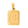 Detail view of a gold-plated rectangular pendant with engraved letter S and sunburst pattern - S