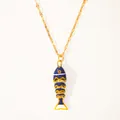 Detail of 18k gold plated necklace with blue enamel koi fish pendant and red crystal eye - Dark Blue & Yellow Fish (8-DQ-W-Fish)