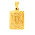 Detail of gold rectangular pendant featuring letter U with textured finish and radiant edges - Letter U