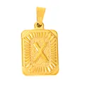 Detail macro view of golden square letter X pendant with textured sunburst border decoration - Letter X