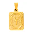 Detail of gold rectangular pendant with embossed letter Y and textured sunburst finish - Letter Y