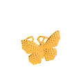 Detailed view of gold plated adjustable butterfly ring with textured wing surface - Large Butterfly Shape / Gold