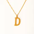 Close-up of golden letter D pendant with brushed metal texture and delicate link chain - Letter D