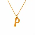 Macro view of textured 18k gold plated letter P pendant on a fine link chain necklace - Letter P